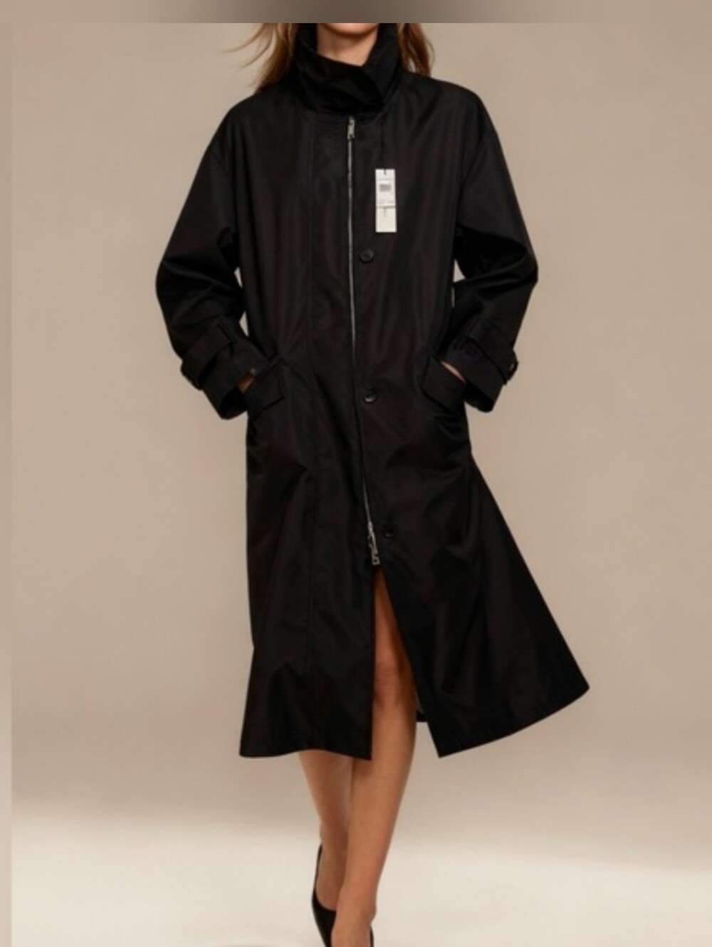 Rebecca Minkoff Black Long Trench Coat with Zip Front Sz XL